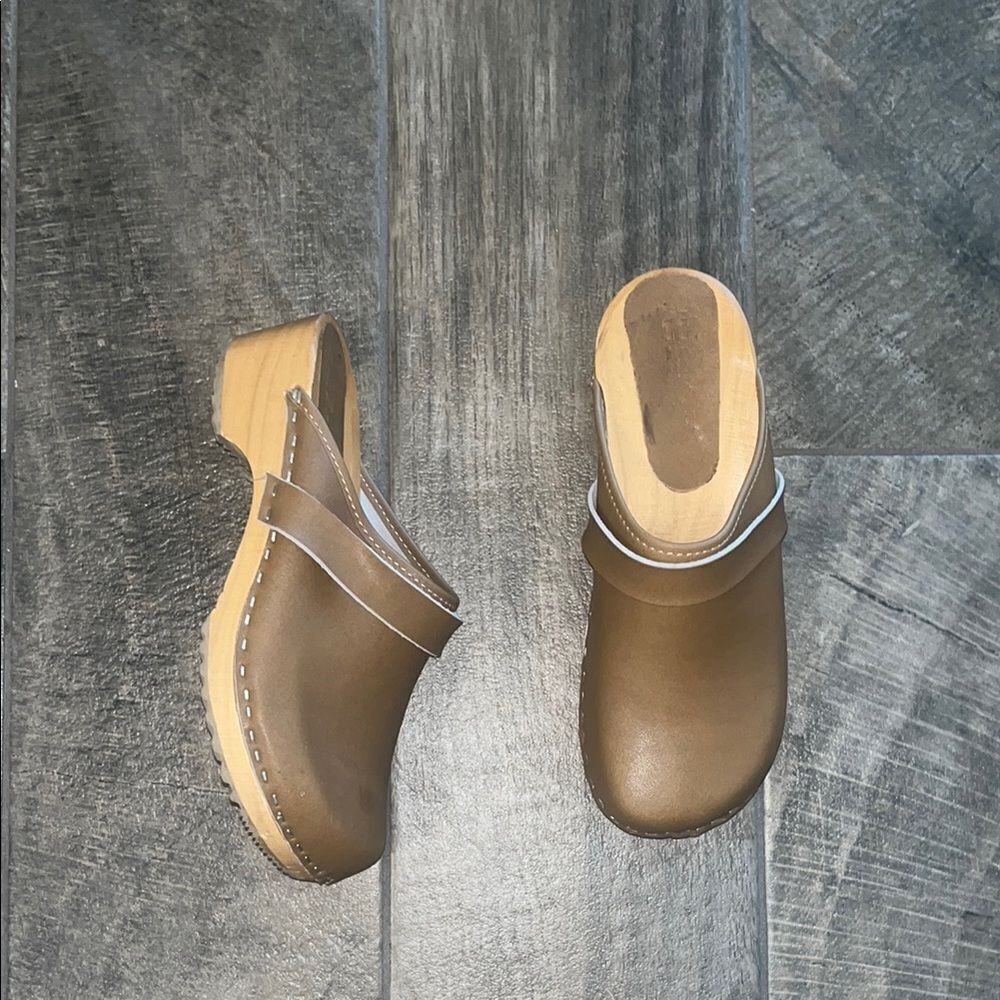 Brown Bjork Swedish Comfort Leather Mules with 2” wooden heel